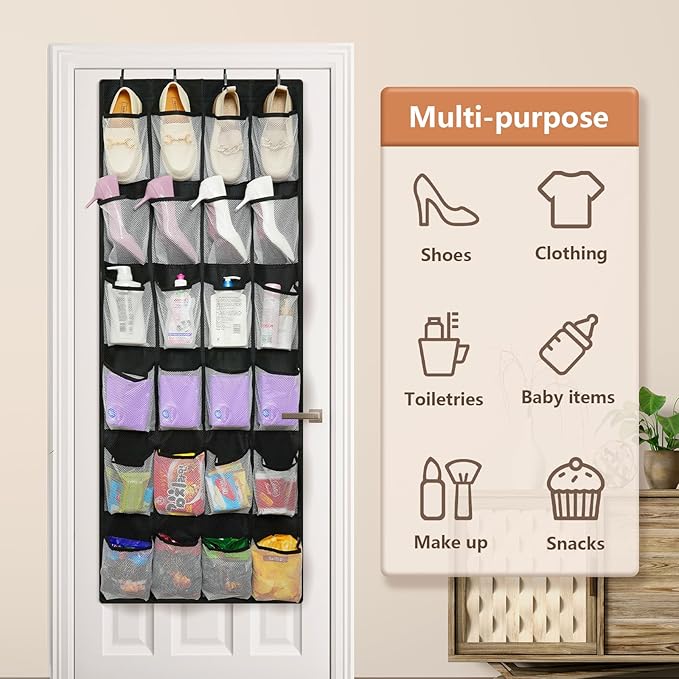FENTEC 24 Large Pockets Over Door Shoe Organizer, Mesh Hanging Shoe Organizer Shoe Rack for Closet Mesh Closet Shoe Holder, Back of Door Organizer for Cruise Ships, Shoe Rack for Wall, Black, 1 Pack-NeatNest