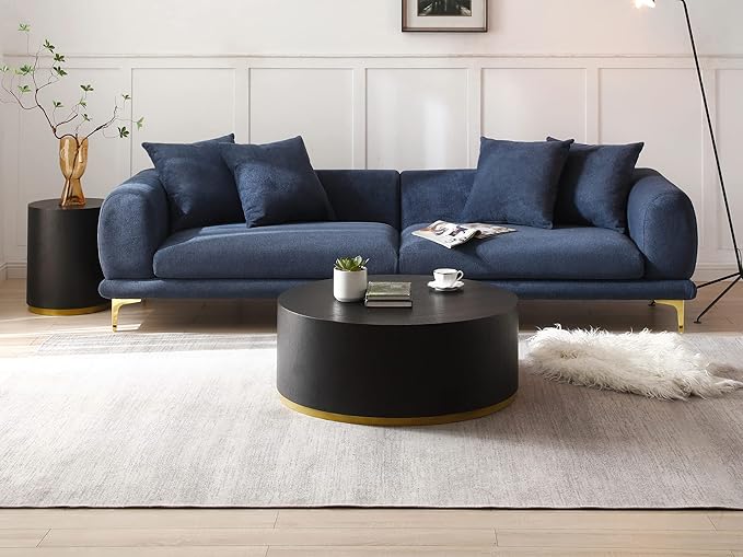 kevinplus Black Coffee Table Side Table End Table for Living Room, Drum Round Circle Wood Coffee Table Modern Contemporary Coffee Table for Apartment Office, Black & Gold