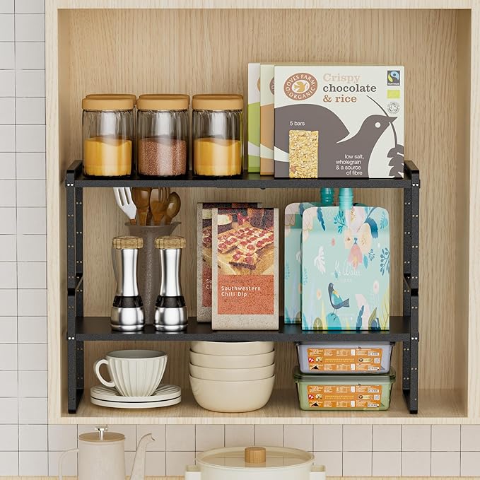 Cabinet Organizer Shelves,Expandable Cabinet Spice Racks,Stackable Pantry Counter Under Sink Shelves, Storage Shelves for Kitchen,Home,Office,3 Packs,10.24" D,Black