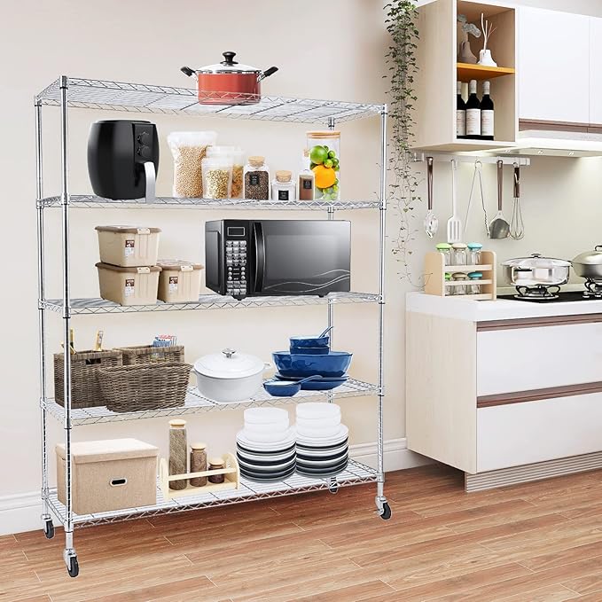 BNSPLY Commercial Wire Shelving Unit with Wheels, 5 Tier Adjustable Wire Shelves with NSF Certified, Heavy Duty Metal Storage Rack Shelf Unit for Kitchen, Garage (17.7" D x 59" W x 71" H, Chrome)-NeatNest