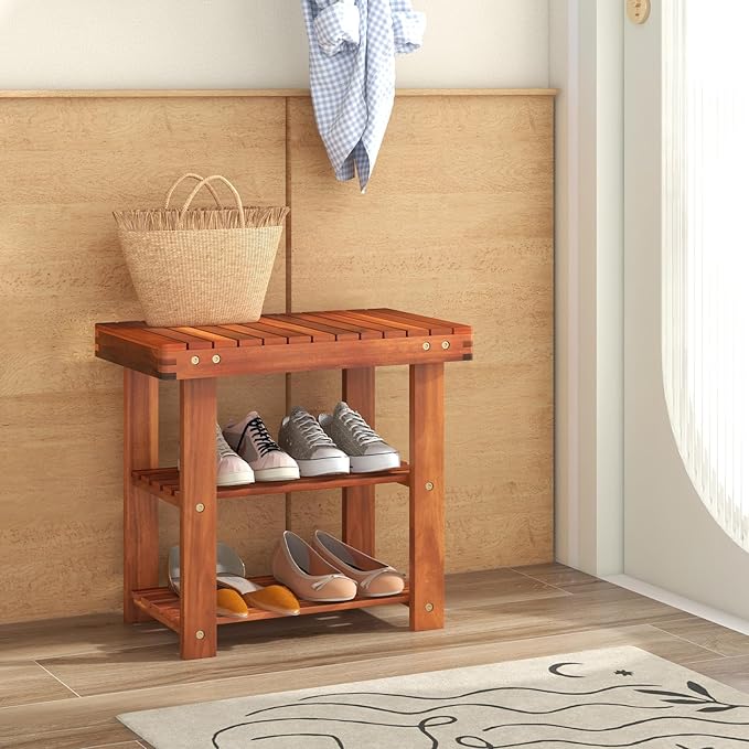 Tangkula Acacia Wood Shoe Rack Bench, 3 Tier Sturdy Bench, Storage Organizer, Holds up to 180lbs for Entryway, Bedroom, Living Room, Balcony, Teak Color (19-inch)-NeatNest