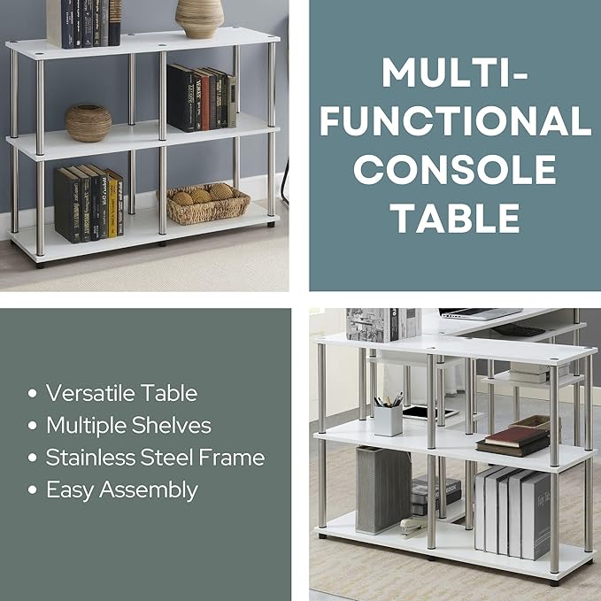 Convenience Concepts Designs2Go No Tools 3 Tier Wide Console Table 42" - Modern Multipurpose Accent with Shelves for TV Media Center, Office Desk Extension, Entryway Display, & Home Storage, White-NeatNest