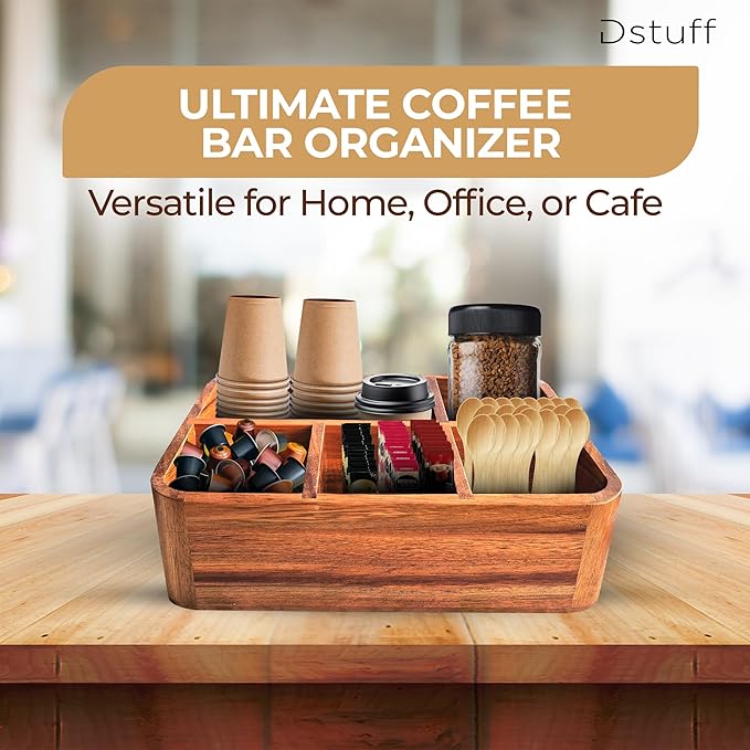 Dstuff Acacia Wood Coffee Station Organizer for Countertop, Tea Organizer and Holder, Coffee Bar Caddy with Multiple Compartments for Home and Office Decor-NeatNest