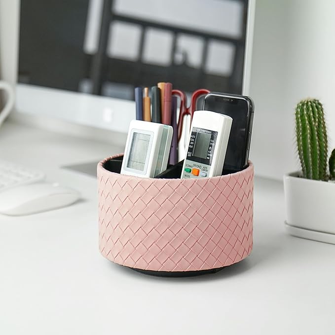 Hennaja Round Leather Art Supply Organizer,Remote Control Holder,360 Degree Spinning,Multi-Functional Pencil Holder,4 Compartments Desktop Stationary Organizer(1-Weave Pink)-NeatNest