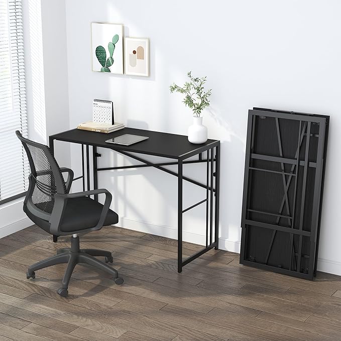 Folding Desk 40 inch Writing Gaming Computer Camping Desk, No Assembly Required Home Office Table, Black-NeatNest