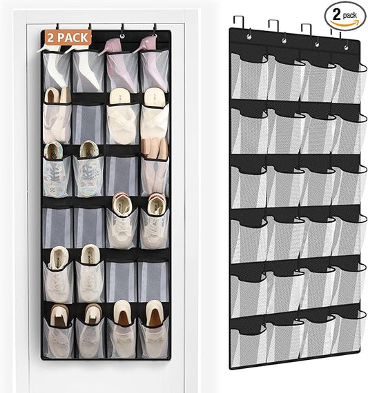 FENTEC 2 Pack Large Over The Door Shoe Organizer, 24 Pockets Mesh Hanging Shoe Organizers, Over Door Organizer, Black-NeatNest