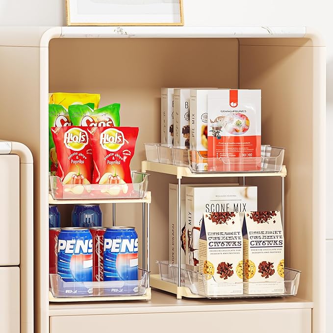 Delamu 4 Sets of 2-Tier Multi-Purpose Bathroom Cabinet Under Sink Organizers and Storage, Stackable Kitchen Pantry Organization and Storage, Beige-NeatNest