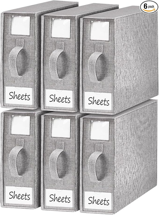Foldable Sheet Set Organizer, Bed Sheet Storage Organizer with Visual Window, (Queen & King Size) Sheet Storage Box (6 Pack, Grey)-NeatNest