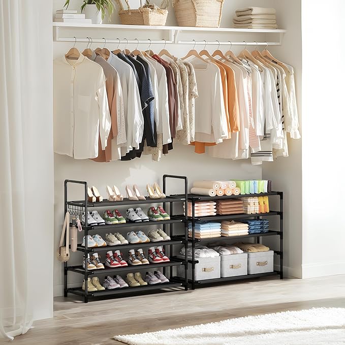 Shoe Rack, 10 Tier Shoe Storage Organizer with Hooks,Fit 40-45 Pairs Shoes,Metal Tall Shoe Shelf for Closet,Entryway, Hallway,Garage,Bedroom,Cloakroom-NeatNest