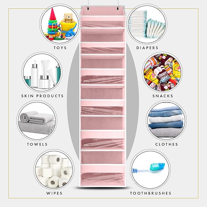 HOMELUX THEORY 2 PC Heavy Duty Over the Door Organizer 55x14x6.7, 6 Large Front & 12 Side Pockets, Hanging Storage Closet Door Organizer for Bedroom, Bathroom and Baby Nursery Storage (Baby Pink)