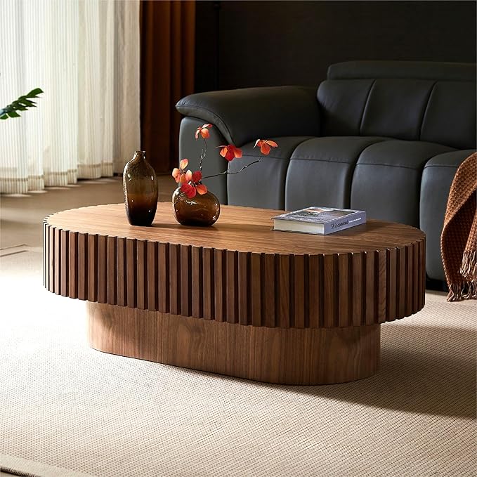 KEVINSPACE Oval Coffee Table 43.7" Wood CoffeeTable for Living Room Drum ModernCoffeeTable TeaTable Wooden Coffee Tables PedestalCoffeeTable Home Furniture Office Apartment Walnut