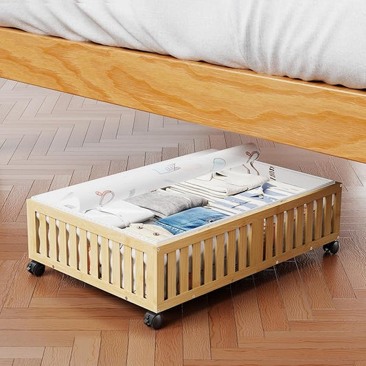 Bamboo Under Bed Storage Containers, UnderBed Storage with Wheels & 40L Large Capacity Dust Bag, Sturdy Rolling Under Bed Clothes Storage for Shoes Toy Book, Nature, 1Pack (24.02" × 16.54")-NeatNest