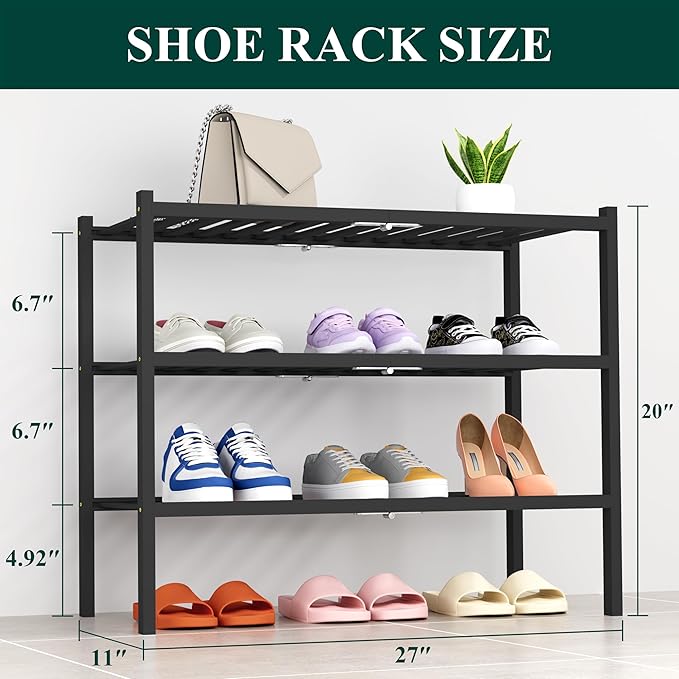 Smiry Shoe Rack, 3 Tier Thick Bamboo Shoe Organizer, Stackable Free Standing Wooden Shoe Storage Shelf for Closet, Entryway, Front Door Entrance, Black-NeatNest