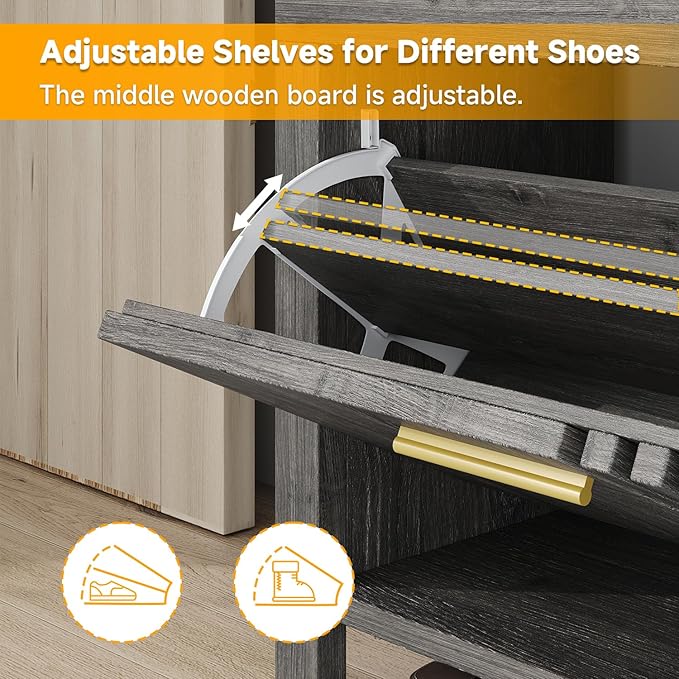 40" Shoe Storage Bench with Flip Drawers & Padded Seat Cushion, Adjustable Shelf, Slatted Doors Entryway Bench Shoe Cabinet with Bench for Entryway Living Room Bedroom, Oak Grey