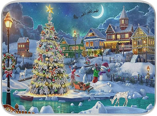 Absorbent Dish Drying Mat Christmas Tree Kitchen Counter Mat Protector,Reversible,Medium 18 x 16 Inches