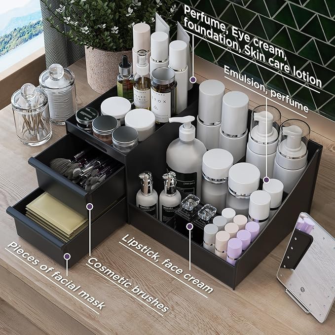 Makeup Organizer Countertop, Vanity Organizer with Drawers for Cosmetics, Skincare, Brushes, Perfume, Skincare Organizer for Vanity, Perfume Organizer for Dresser, Bathroom (Black&2 Drawers)-NeatNest