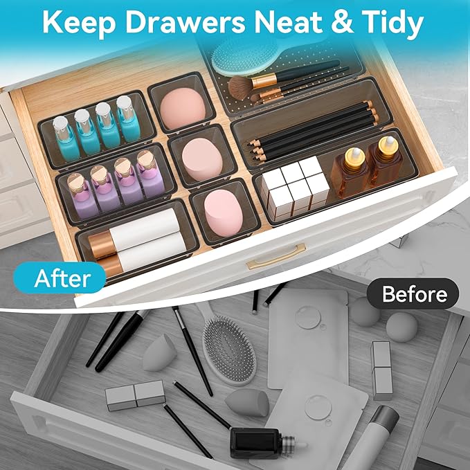 12-Piece Drawer Organizer Set, 4 Sizes Versatile Plastic Vanity Organizer for Makeup, Stationery, Gadgets, in Kitchen, Bathroom, Office, and Bedroom, Black-NeatNest