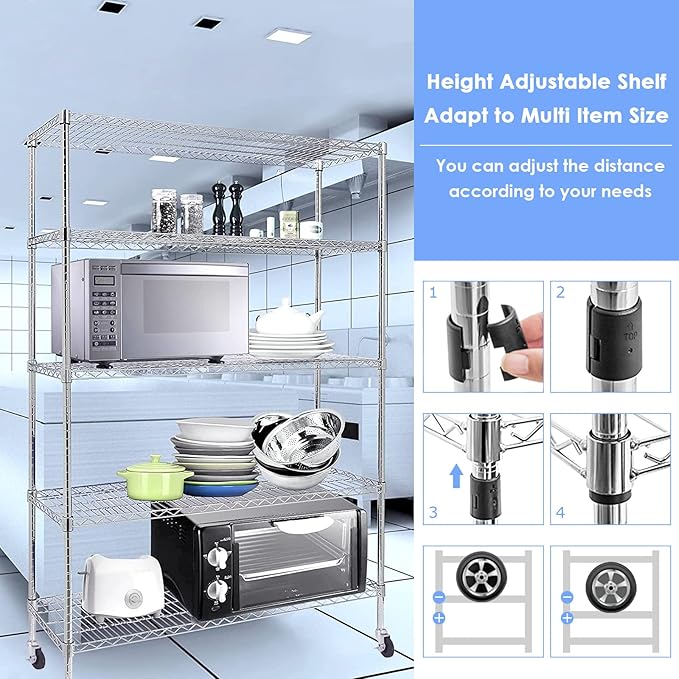 BNSPLY Commercial Wire Shelving Unit with Wheels, 5 Tier Adjustable Wire Shelves with NSF Certified, Heavy Duty Metal Storage Rack Shelf Unit for Kitchen, Garage (17.7" D x 59" W x 71" H, Chrome)-NeatNest