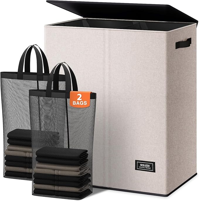 SOLEDI Large Double Laundry Hamper with Lid, Collapsible Clothes Hamper 2 section with Removable Bags, Space-Saving Laundry Basket for Bedroom, Dorm, College-NeatNest