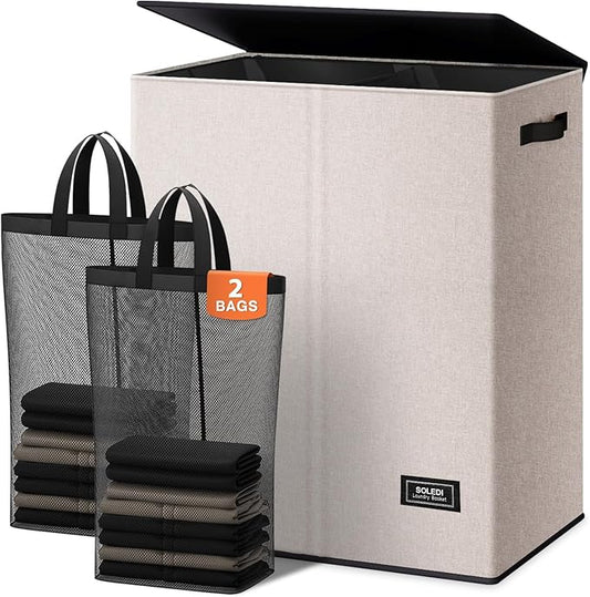 SOLEDI Large Double Laundry Hamper with Lid, Collapsible Clothes Hamper 2 section with Removable Bags, Space-Saving Laundry Basket for Bedroom, Dorm, College-NeatNest