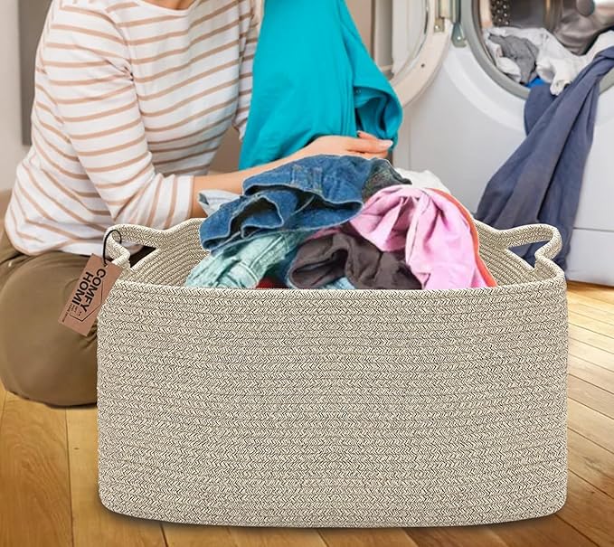 COMFY-HOMI Large Rectangular Blanket Basket, Woven Cotton Rope Baskets for Storage, Laundry Hamper Basket, Storage Bin,Toy Organizing Bin with Handle, Organization and Storage-22x15x12”-Brown-NeatNest