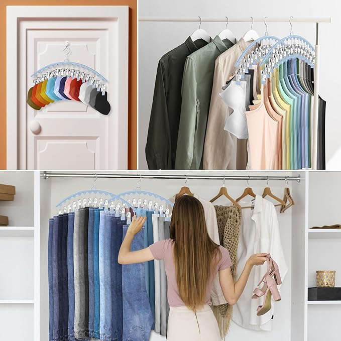 3 Pack Legging Organizer for Closet Hanging, Pants Hangers with 15 Clips Holds 45 Leggings, Shorts, Skirts, Jeans, Hats, Pants Hangers Space Saving Clothes Racks Closet Organizers and Storage, Blue-NeatNest