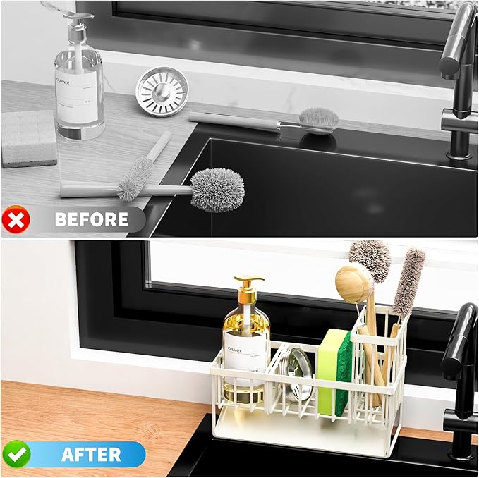 Cisily Off White Sponge Holder for Kitchen Sink, Sink Caddy Organizer with High Brush Holder, Kitchen Countertop Rustproof 304 Stainless Steel, Soap Dispenser Kitchen Organizers and Storage Essentials-NeatNest
