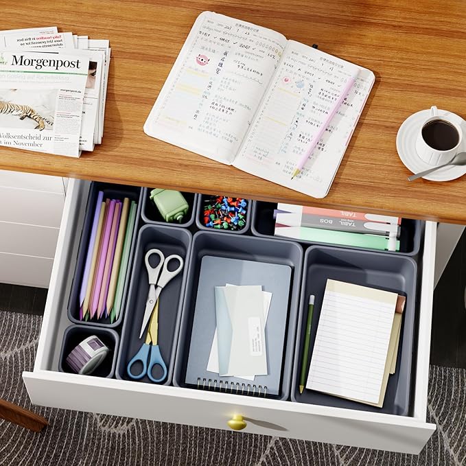 45 Pack Desk Drawer Organizer Tray, 3 Sizes Plastic Drawers Organizer Storage for Kitchen, Bathroom, Office, Vanity, Makeup, Utensils, Junk Drawer Organizer Bins, Gadget Trays for Organizing, Grey-NeatNest
