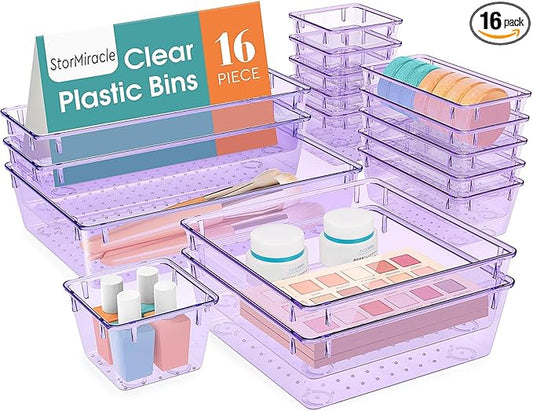 16 PCS Drawer Organizer Set, 5 Varied Size Bathroom and kitchen Drawer cabinet organizer Trays, Clear Storage Bins for Makeup, Jewelry, Utensils and Gadgets, Purple-NeatNest