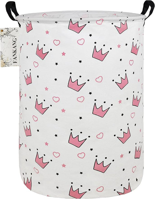 FANKANG Storage Basket, Nursery Hamper Canvas Laundry Basket Foldable with Waterproof PE Coating Large Storage Baskets for Kids Boys and Girls, Office, Bedroom, Clothes,Toys（pink crowns）