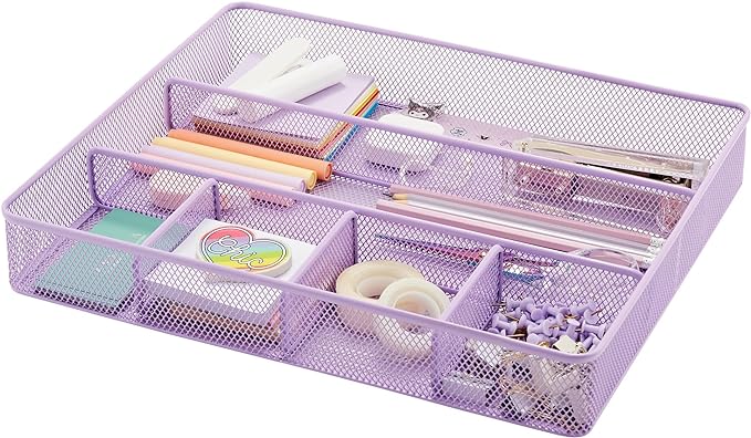 Annova Desk Top Organizer/Storage Tray - Metal Mesh with Dividers for Pens, Desktop Accessories, Bathroom, Kitchen, Makeup and Office Supplies (Large, Light Purple)-NeatNest