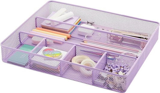 Annova Desk Top Organizer/Storage Tray - Metal Mesh with Dividers for Pens, Desktop Accessories, Bathroom, Kitchen, Makeup and Office Supplies (Large, Light Purple)-NeatNest