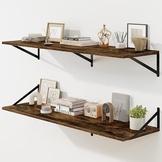 Fun Memories Floating Shelves for Wall, 12 Inch Deep Floating Shelves Set of 2, 48W x 12D Large Wall Shelf with Sturdy Metal Brackets for Living Room, Bathroom, Bedroom and Kitchen, Rustic Brown-NeatNest