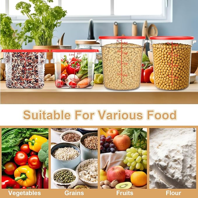 4 Pcs Food Storage Container with Lids Set 4 Qt Square and Round Clear PC Commercial Containers with Scale Handle for Home Restaurant Kitchen Food Storage, Dough Rise, Flour(Red)