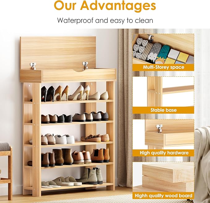 soges 5-Tier Wooden Shoe Rack with Storage Cabinet, 29.5 inches Vertical Free Standing Shoe Shelf, Shoe Organizer Storage Cabinet for Entryway, Living Room, Hallway, Doorway, White Oak-NeatNest