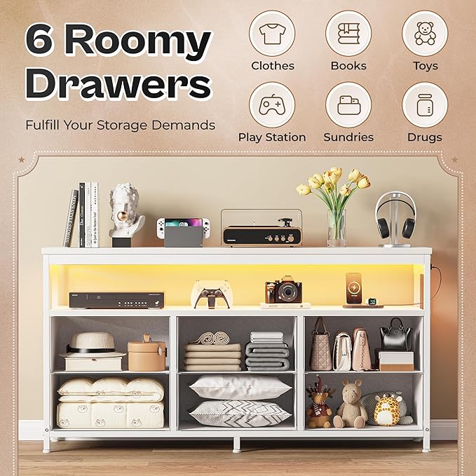 Huuger LED TV Stand for Bedroom, 47 Inch Dresser TV Stand for 43, 50, 55 Inch TV, White TV Stand with Storage, Entertainment Center with Power Outlets, 6 Drawer Fabric Dresser for Living Room-NeatNest