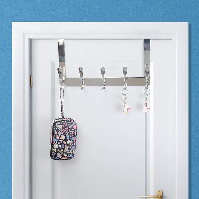SKOLOO Over The Door Hook, Door Hanger Hooks for Hanging Clothes, Towels, Coats, Hats, Over The Door Towel Hook - Pack of 2, Silver, Assembly Required
