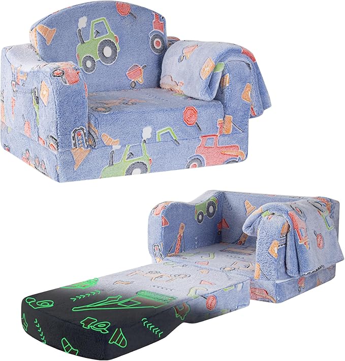 Comfy Toddler Chair and Couch for Kids with Blanket,2-in-1 Soft Plush Fold Out Toddler Couch for Girls and Boys,Convertible Sofa to Lounger for Playroom,Car Excavator-NeatNest