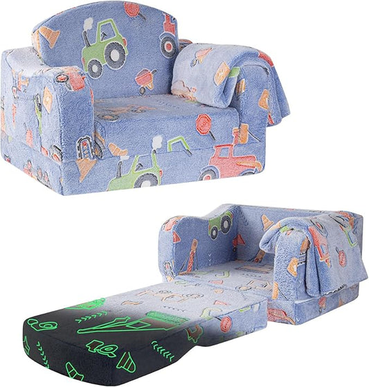 Comfy Toddler Chair and Couch for Kids with Blanket,2-in-1 Soft Plush Fold Out Toddler Couch for Girls and Boys,Convertible Sofa to Lounger for Playroom,Car Excavator-NeatNest