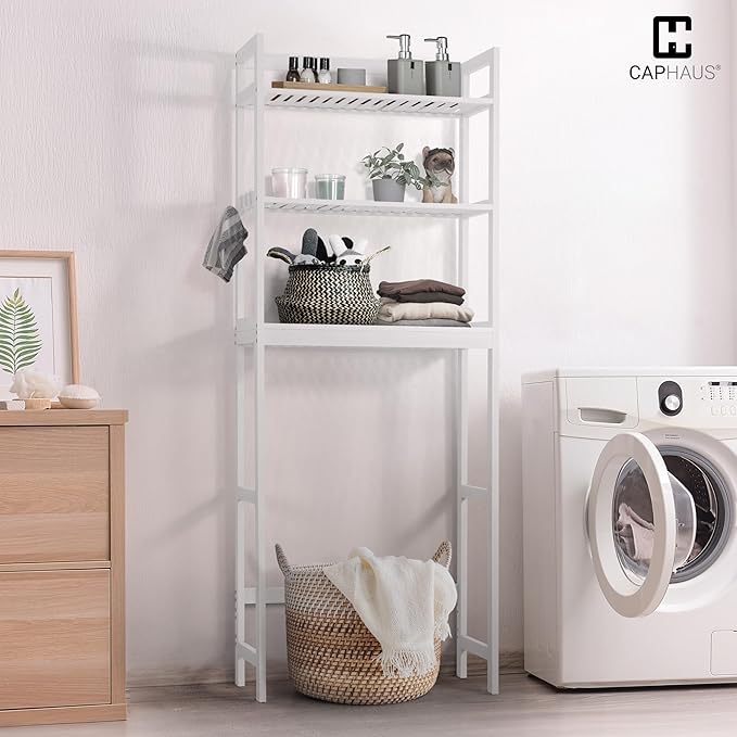 CAPHAUS Over The Toilet Storage Shelf,3-Tier Bathroom Organizer Shelf Rack Over Toilet with Hooks & Adjustable Feet,Freestanding Toilet Shelf, Bathroom & Laundry Organizer,Balcony Plant Stand, White-NeatNest