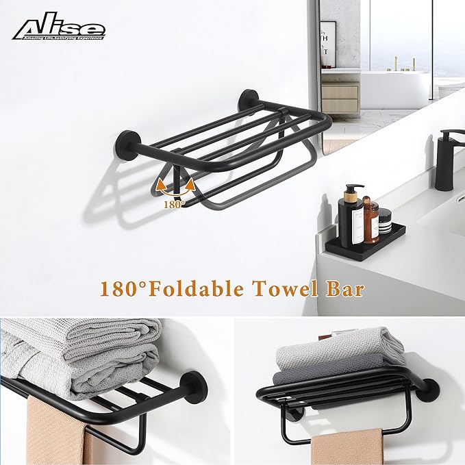 Alise 16 Inch Towel Racks for Bathroom, Foldable Towel Hanger Towel Shelf with Tower Bar, Heavy Duty Towel Holder, SUS 304 Stainless Steel Wall Mount Towel Rail, Matte Black