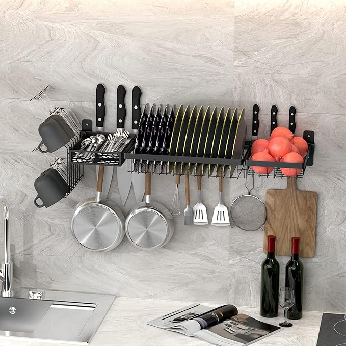 Adjustable Stainless Steel Wall Mounted Over the Sink Dish Drying Rack, Large Capacity Pot Rack Dish Rack with Utensil Holder for Kitchen Storage Organizer Patent Pending (Black)