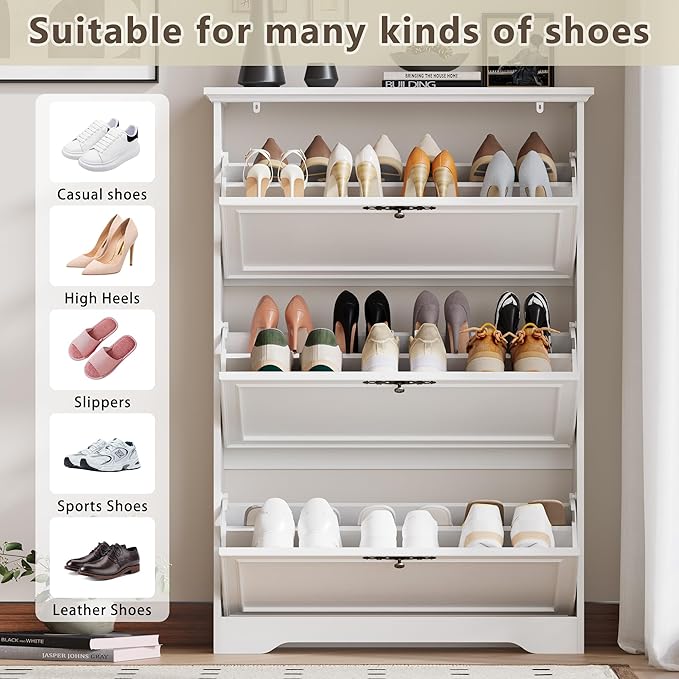 3 Flips Shoe Cabinet for Entryway, Narrow Shoe Storage Cabinet with Adjustable Shelves, Wooden Space-Saving Organizer and Rack for Foyer, Closet, Hallway