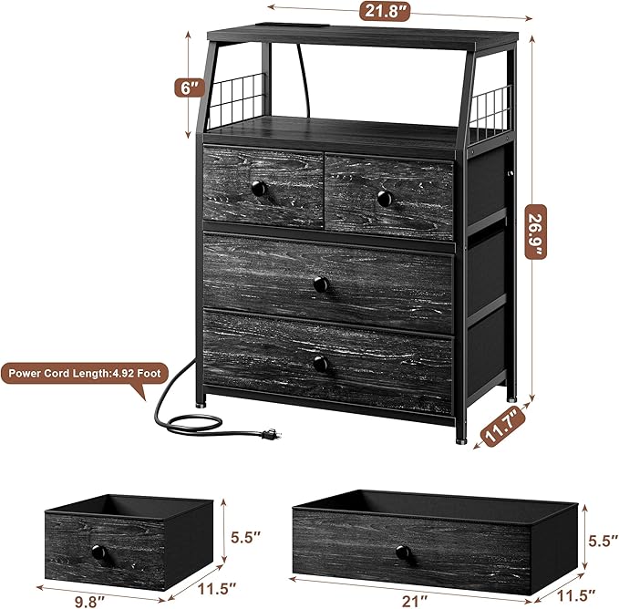 EnHomee Nightstand with Charging Station & LED Lights, 21.8" W Bedside Table with 4 Fabric Drawers, Night Stand with Outlets and 2 Ports for Bedroom, Table with Wood Shelf, Black