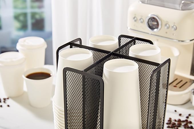 Annova Paper/Plastic Cup and Lid Holder Plastic Storage Organizer, 360°Rotating Coffee Cup Dispenser with 4 Compartments, Multifunctional Storage Rack for Home, Office, Bar, Coffee Shop (Black)-NeatNest