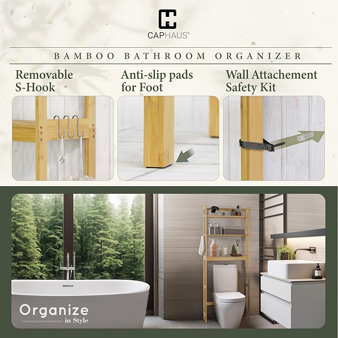 CAPHAUS Over The Toilet Storage Rack, 3-Tier Bamboo Bathroom Organizer Shelf Rack with Adjustable Feet &Hooks, Freestanding Toilet Shelf, Bathroom & Laundry Organizer, Balcony Plant Stand, Natural-NeatNest