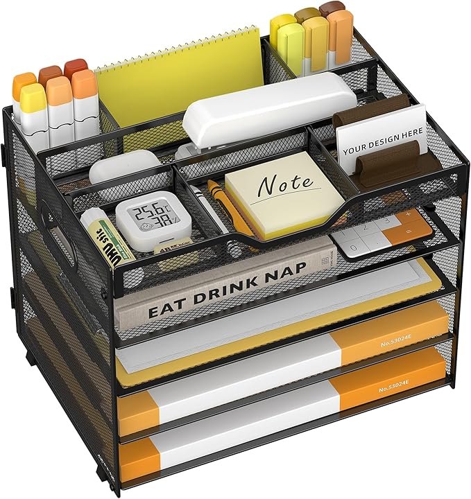 5 Tier Paper Letter Tray with 3 Drop-in Pen Holders, Mesh Desk File Organizer with Handle, Desk Organizers and Accessories for School,Home, Office Supplies Storage-Black-NeatNest