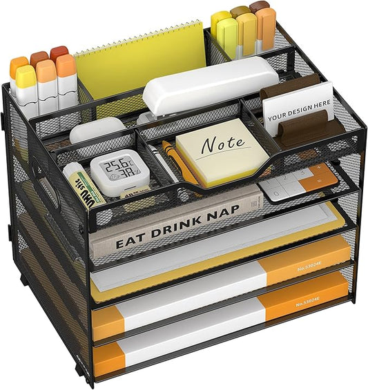 5 Tier Paper Letter Tray with 3 Drop-in Pen Holders, Mesh Desk File Organizer with Handle, Desk Organizers and Accessories for School,Home, Office Supplies Storage-Black-NeatNest