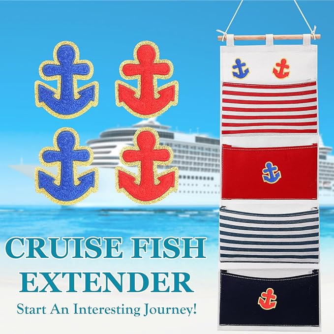 Fish Extender Cruise Gift Hanging Organizer with 4 Pockets and 4 Pcs Iron on Anchor Patches Cabin Door Hanger Storage Bag 2025 FE for Exchange Gifts and Pixie Dusting(Red, Blue)-NeatNest