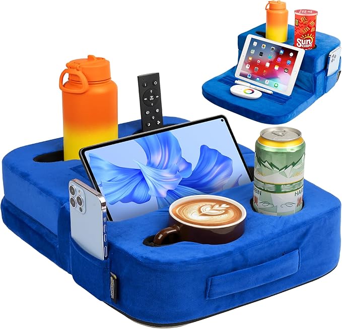 Couch Cup Holder Tray Pillow - Bed, Couch Caddy, Sofa, RV & Car - Holds Drinks, Snacks, Remotes, Phones, Kindle, Tablet | Bed Cup Holder (Blue)-NeatNest